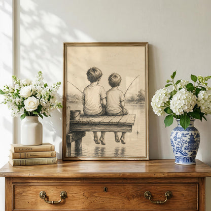 Two Boys Fishing on Dock
