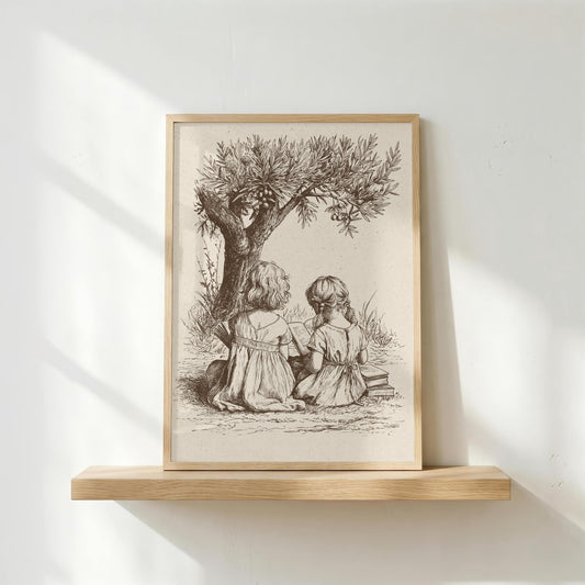 Vintage Sisters Reading Under Tree
