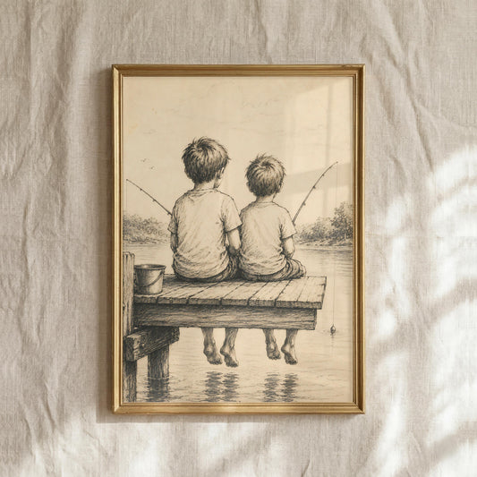 Two Boys Fishing on Dock