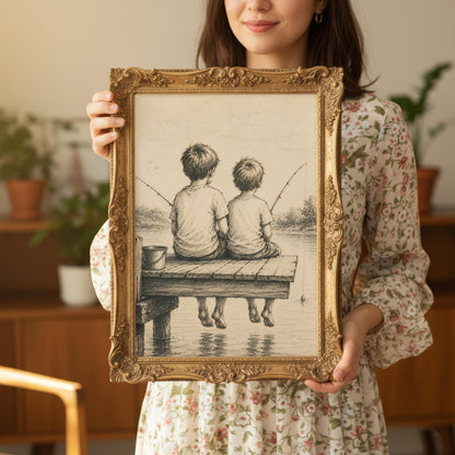 Two Boys Fishing on Dock