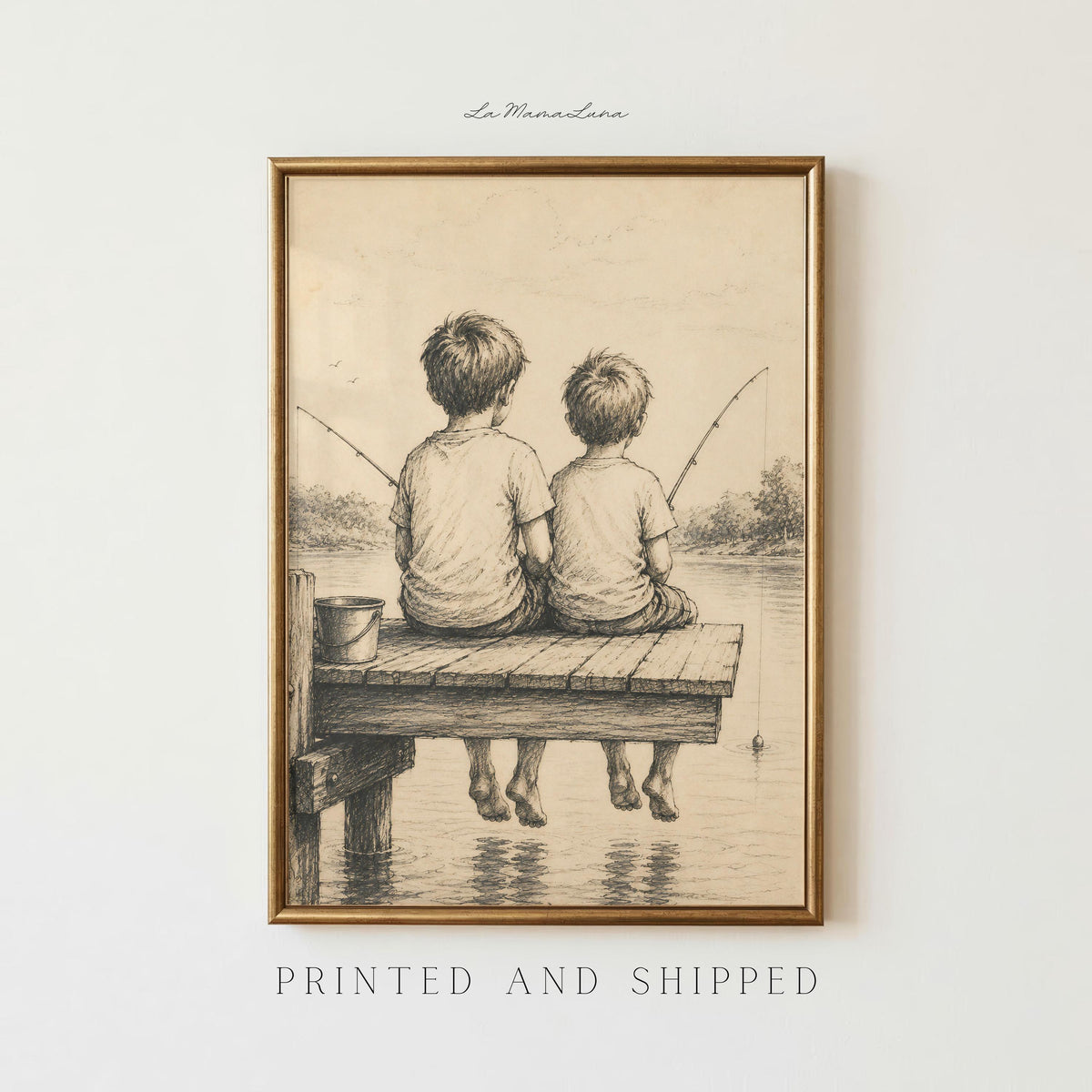 Two Boys Fishing on Dock