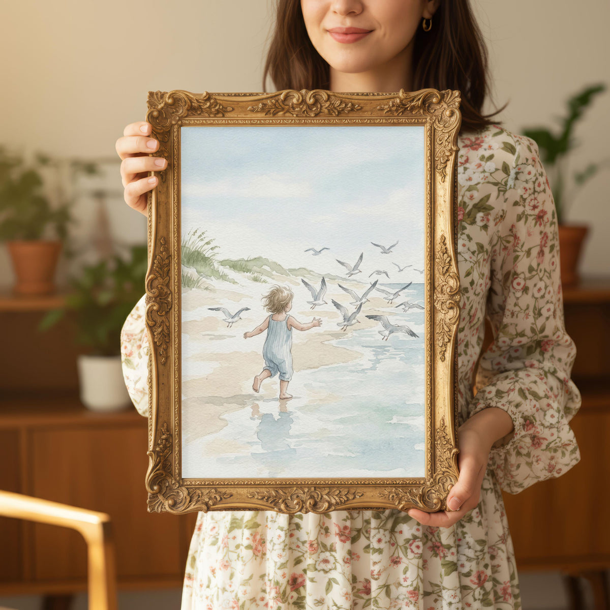 Toddler Running on Beach Watercolor Print