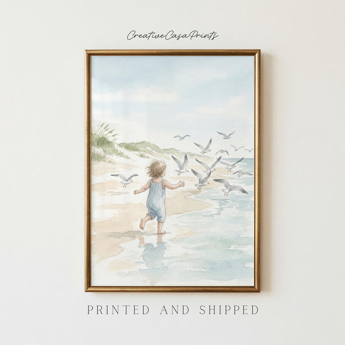 Toddler Running on Beach Watercolor Print