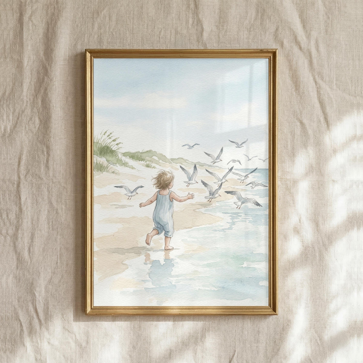 Toddler Running on Beach Watercolor Print