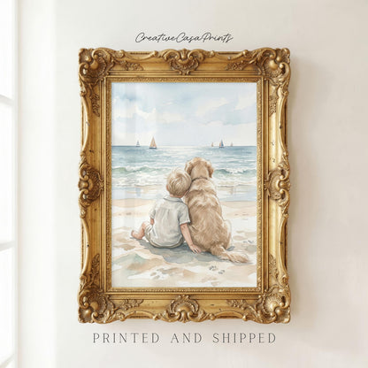 Boy and Golden Retriever Beach Print