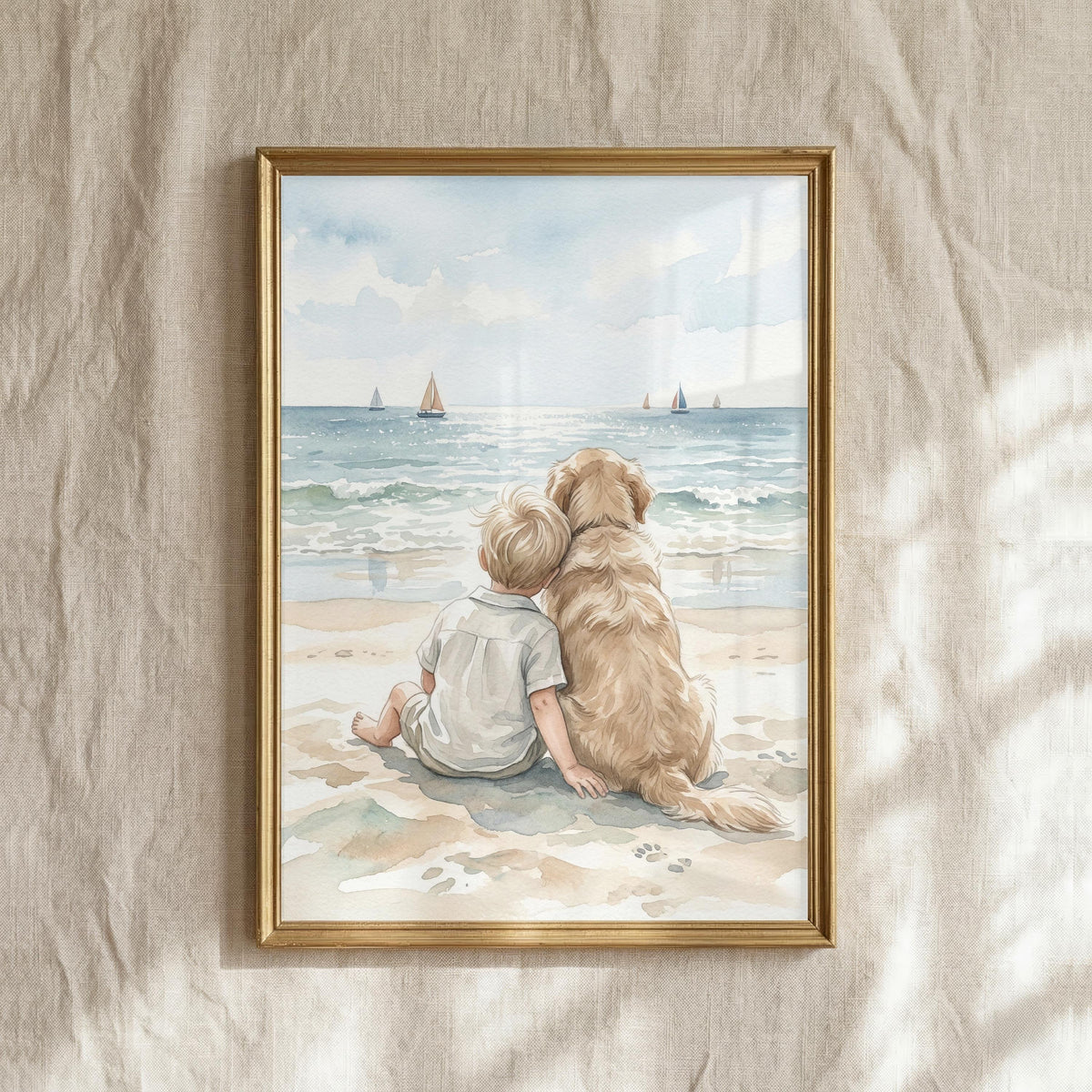Boy and Golden Retriever Beach Print