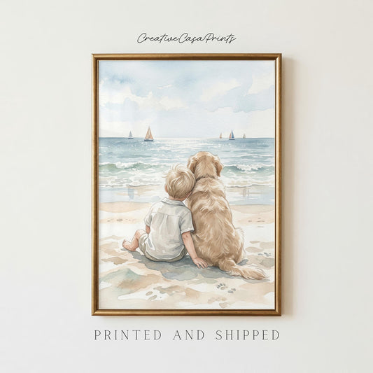 Boy and Golden Retriever Beach Print