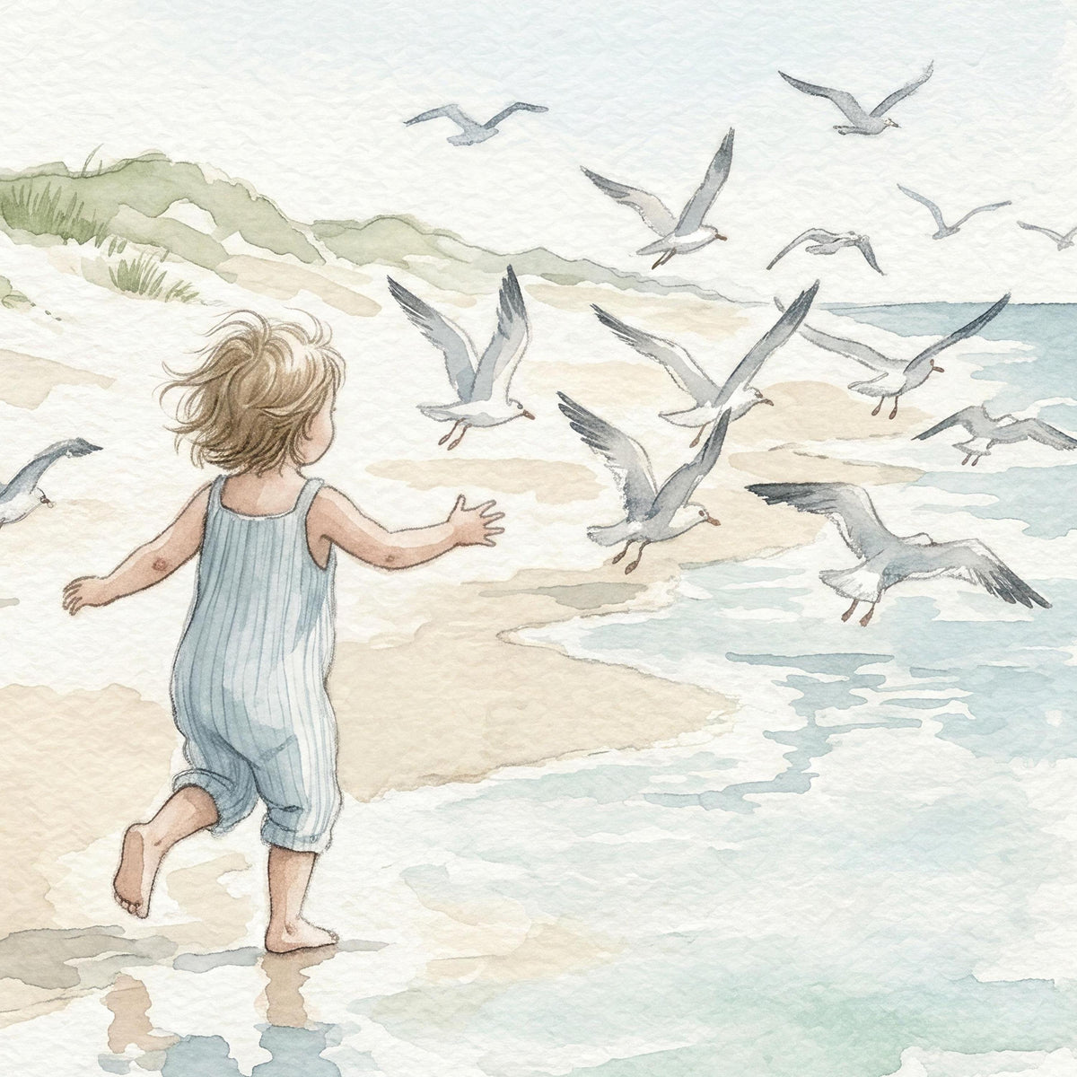 Toddler Running on Beach Watercolor Print