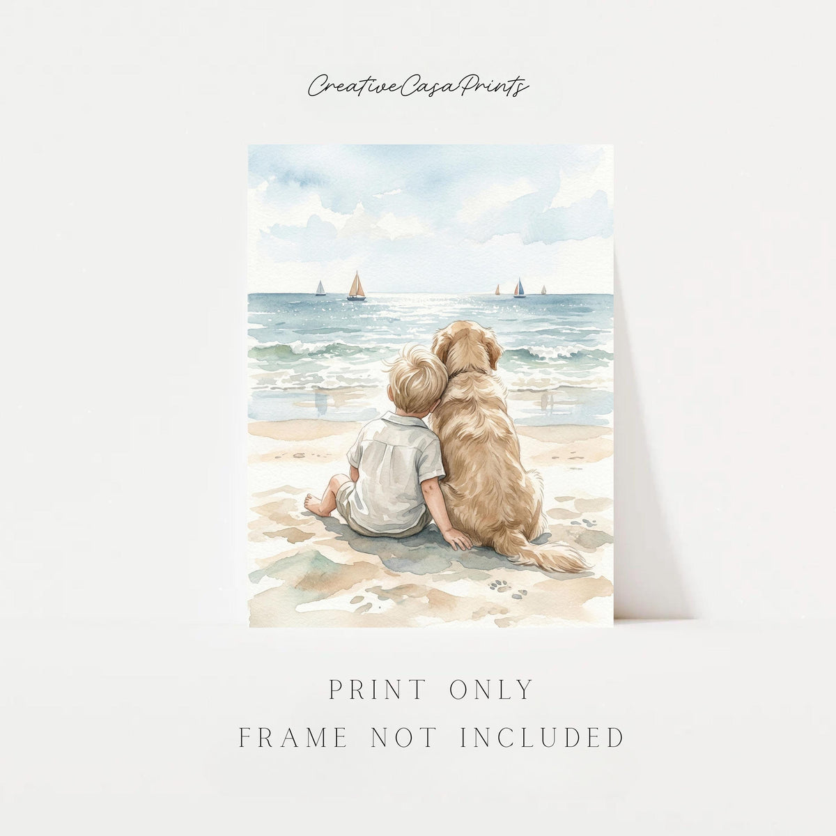Boy and Golden Retriever Beach Print