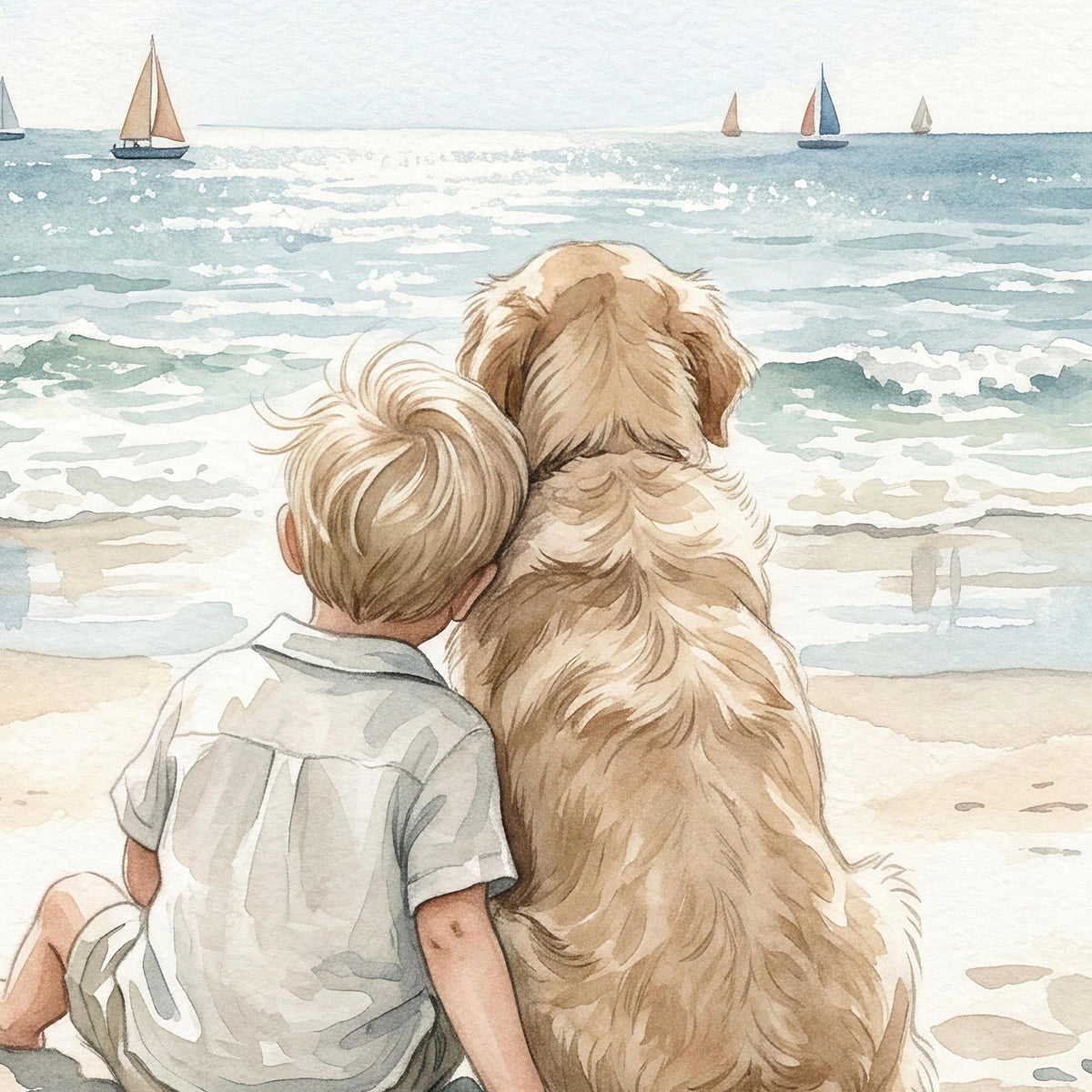 Boy and Golden Retriever Beach Print